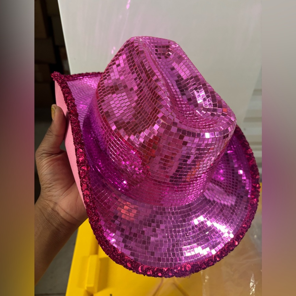 Hot Pink Mirror Disco Ball Cowgirl Hat Western Rodeo Horse Cowboy Boots Yeehaw